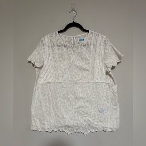 J. McLaughlin White Scalloped Boho Lace Trim Top Size XL Coastal Cottage Dainty